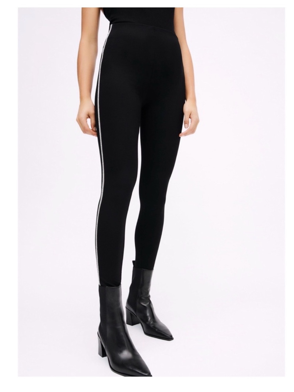 NWT ZARA Black High-Waisted Leggings with Rhinestone Side Stripe - Size XL